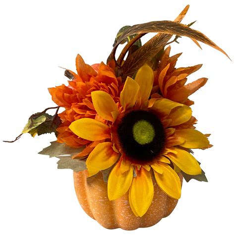 14.75" Yellow Sunflower & Mum Filled Pumpkin Thanksgiving Decor | Christmas Central