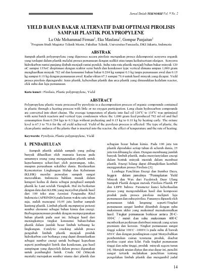 Yield Bahan Bakar Alternatif Dari Optimasi Pirolisis Sampah Plastik