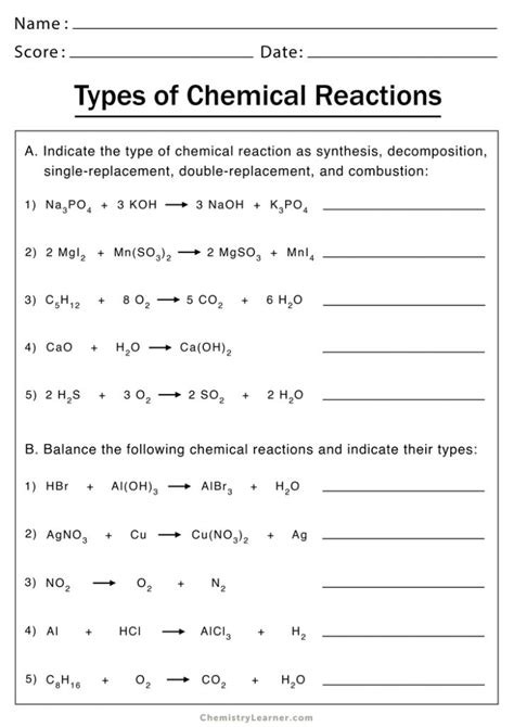 Identifying The Types Of Chemical Reactions Worksheet Work