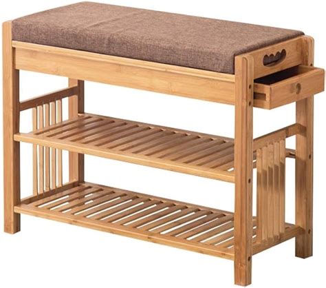 QQXX Bamboo Shoe Bench With Drawer And Seat Cushion Small 2 Tier