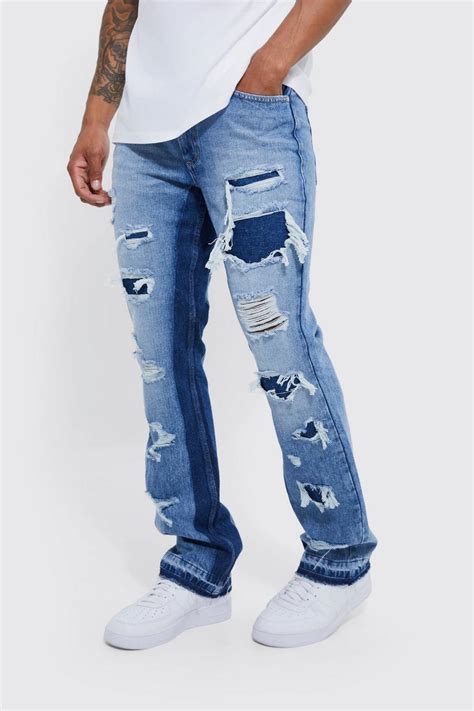 Slim Rigid Flare Panelled Ripped Jeans Boohoo Uk