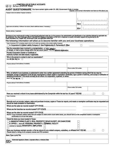 Fillable Form 00 750 Audit Questionnaire Comptroller Of Public