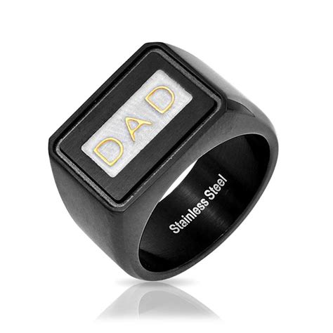 Mens Dad Word Black Band Square Signet Ring Stainless Steel Father Day