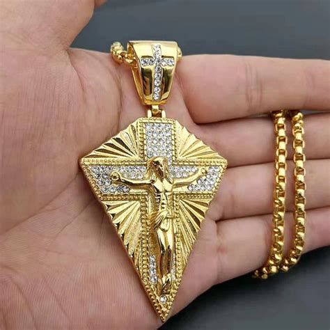 Men S Necklace Big Jesus Cross Pendant Chain Mens Gold Color