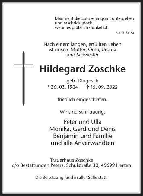 Traueranzeigen Von Hildegard Zoschke Sich Erinnern De