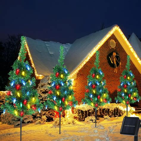 Outdoor Christmas Decorations 4 Sets Solar Christmas Tree With 80pcs Multicolor C6 Led Lights 8