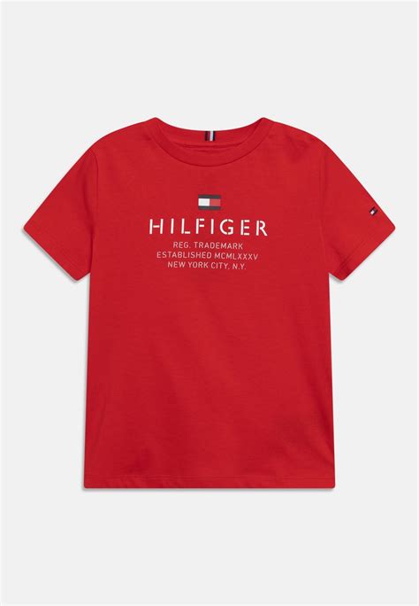 Tommy Hilfiger Logo Tee Print T Shirt Deep Crimson Red Uk