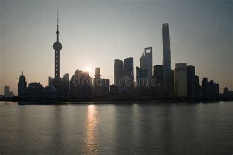 The Bund Early In The Morning At Sunrise Pudong And Huangpu River From