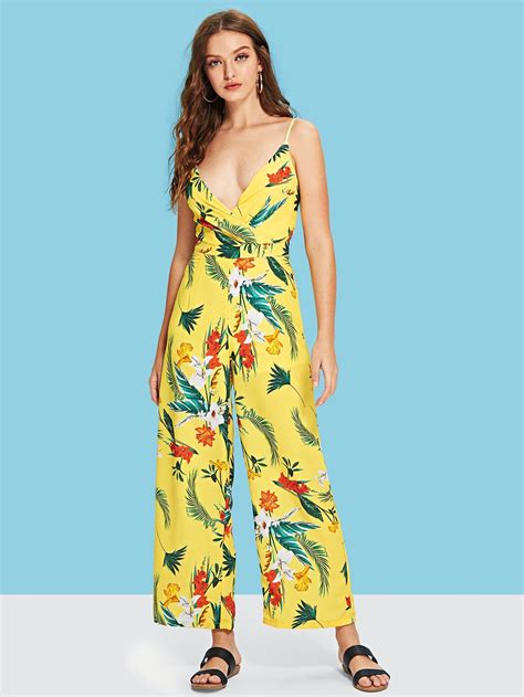 Surplice Neck Knot Back Tropical Print Palazzo Cami Jumpsuit Clothes