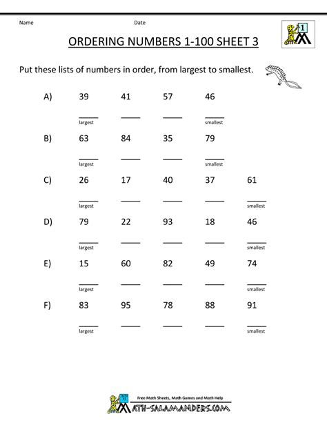 Ordering Numbers 1 To 100 Sheet 3 Ordering Numbers Number Words