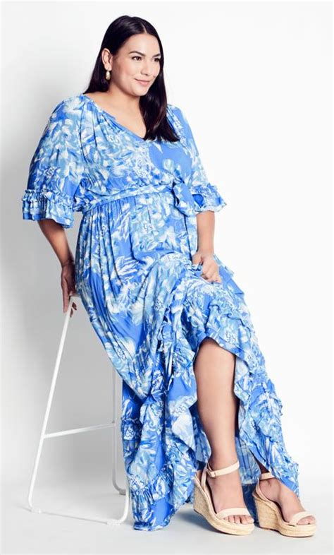 Evans Blue Floral Frill Smock Maxi Dress Evans