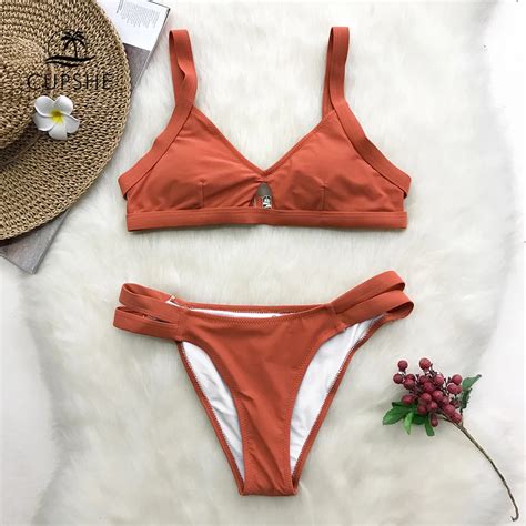 CUPSHE Active Orange Solid Bikini Set Women Back Hook Bralette Bandage