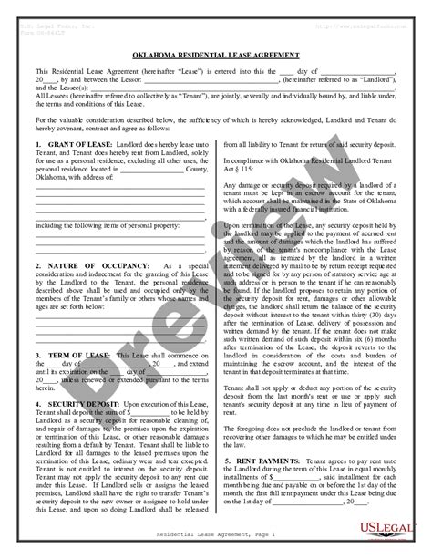 Oklahoma Residential Rental Lease Agreement Oklahoma Lease Agreement Us Legal Forms