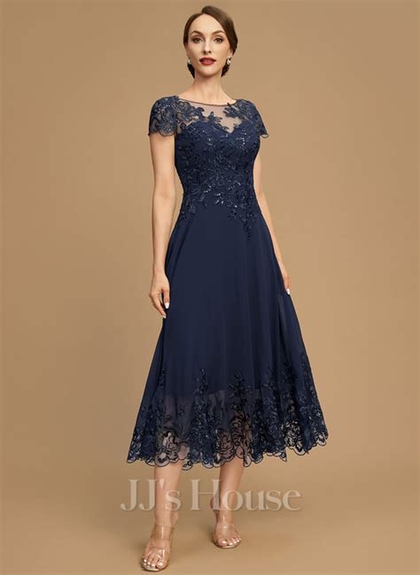 A Line Scoop Illusion Tea Length Chiffon Lace Lace Chiffon Mother Of