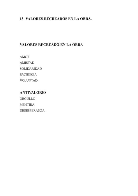 Trabajo Final Lengua Espa Ola Valores Recreados En La Obra