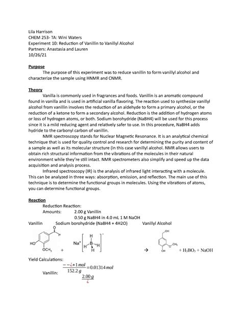 Chem Exp Lab Report Lila Harrison Chem Ta Wini Waters