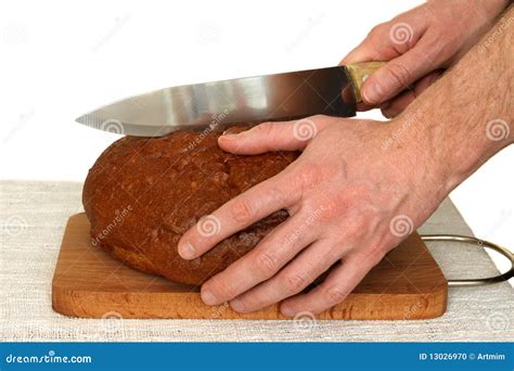 Man Slicing Bread On A Wooden Board Stock Photo Image Of Board