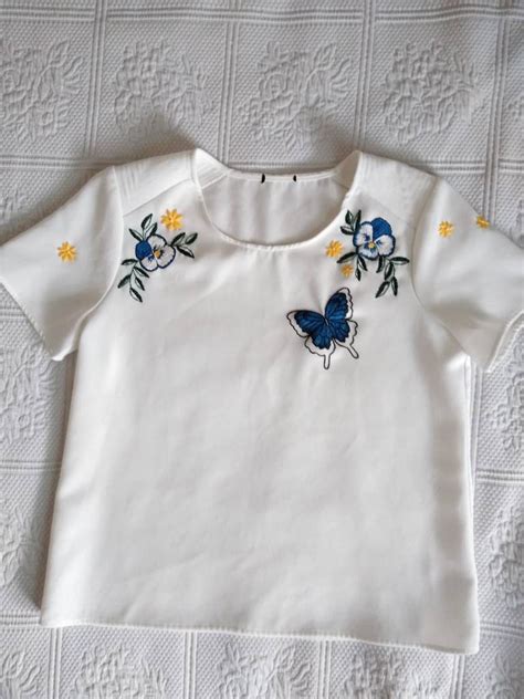 Embroidered Butterfly Shirt White Blue Butterfly Short Sleeve