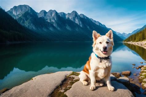 Un Perro Se Sienta En Una Repisa Frente A Un Lago De Monta A Foto