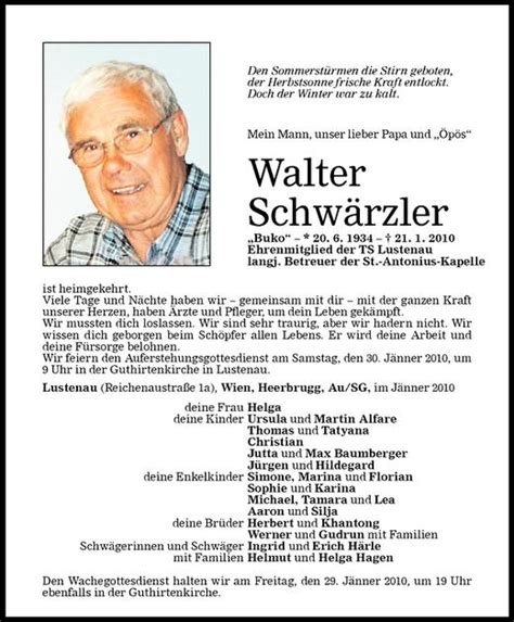 Todesanzeigen von Walter Schwärzler Todesanzeigen Vorarlberger