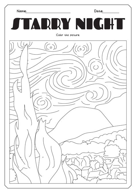 Van Gogh Starry Night Coloring Page Van Gogh Art Lesson Art