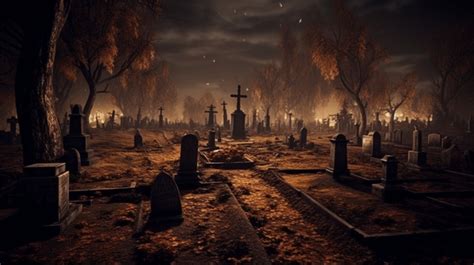 Very Scary Halloween Cemetery Surrounded By Trees And Gravestones ...