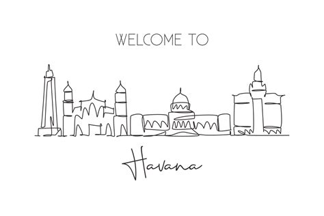 One Continuous Line Drawing Havana City Skyline Cuba Beautiful