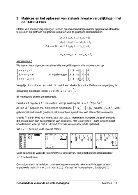 Matrices En Het Oplossen Van Stelsels Lineaire Vergelijkingen Met TI84