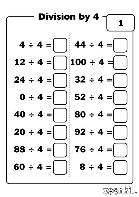 Division By 4 Worksheet