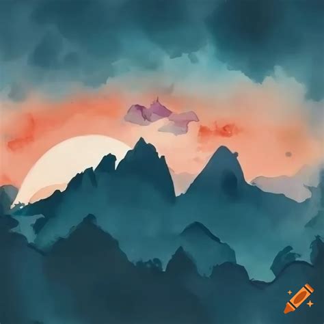 Minimalistic Watercolor Painting Of Mountains At Sunset On Craiyon