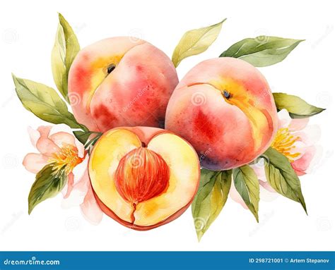 Watercolor Peach Isolated Aquarelle Peach Fruit And Leaves Creative