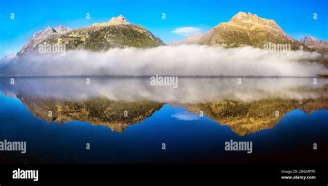 Mountain Lake At Sunrise In Autumn Landscape With Lake Gold Sunlight