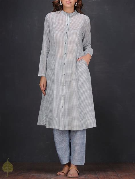 Buy Grey Ivory Checkered Button Down Handloom Cotton Kurta By Jaypore