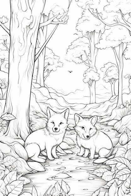 Premium Photo A Coloring Page Of Two Foxes In A Forest With A Stream