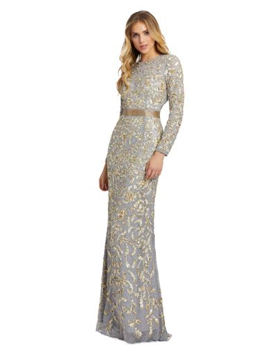 Mac Duggal Long Sleeve Embellished Gown In Platinumgold Modesens