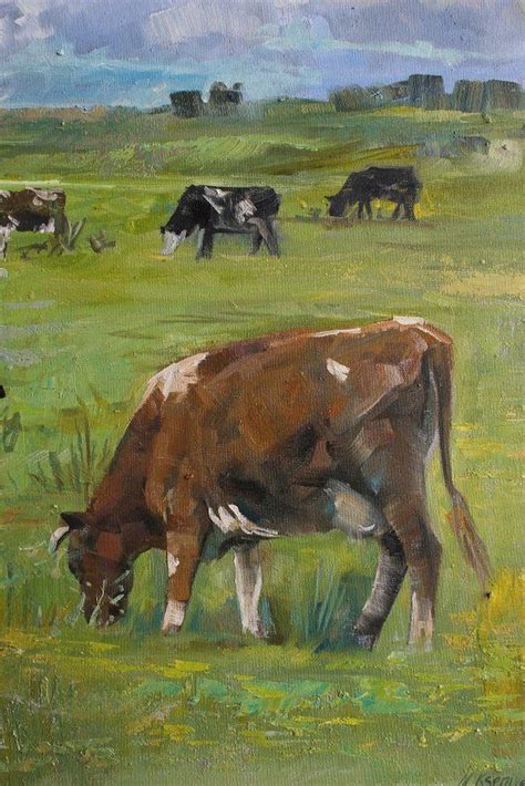 A Painting Of Cows Grazing In A Field