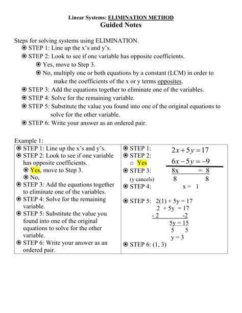 Solving Systems Guided Notes Elimination Day