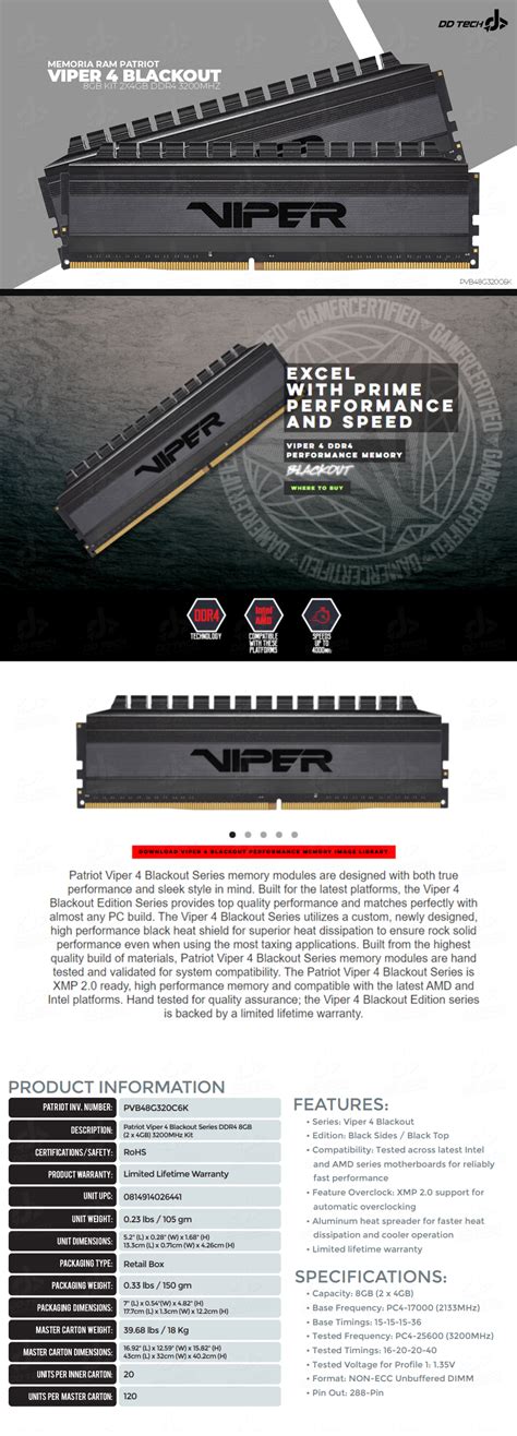 Memoria RAM DDR4 8GB 3200MHz Kit 2x4GB Patriot Viper 4 Blackout