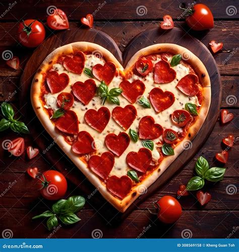 Romantic Heart Shaped Pizza With Pepperoni And Cheese Stock