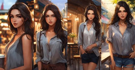 Lexica Portrait Draw Beautiful Girl Dark Hair Gray Eyes Open Shirt She Walks To The Cafe