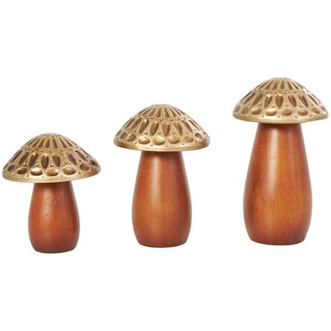 Litton Lane Brown Wood Mushroom Sculpture With Gold Tops And Groove