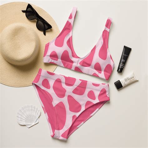 Strawberry Cow Print High Waisted Bikini Recycled Strawberry Cow Cottagecore Swim Suit Cheeky