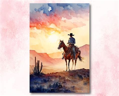 Cowboy Sunset Art Print Americana Watercolor Painting Rodeo - Etsy