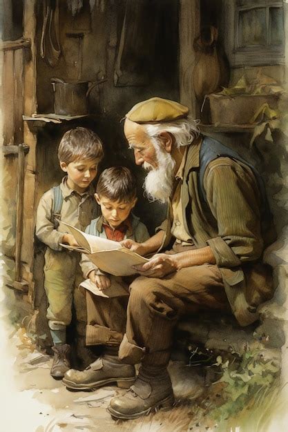 Una Pintura De Un Hombre Leyendo Un Libro Con Dos Ni Os Leyendo Foto