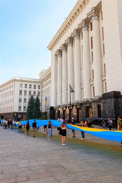 People Holding A Huge Ukrainian Flag Near Presidential Administration