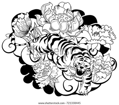 Tiger Tattoo Cherry Blossom Peony Flower Stock Vector Royalty Free