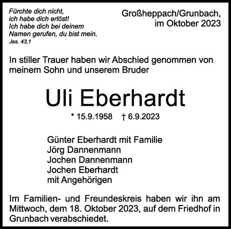 Traueranzeigen Von Uli Eberhardt Zvw Trauer