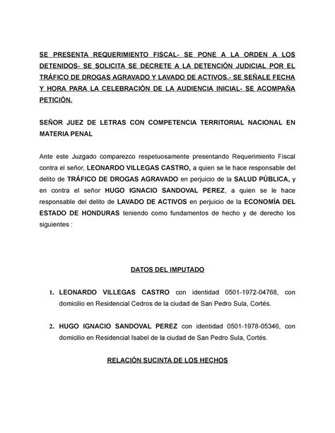 Requerimiento Fiscal Honduras código penal SE PRESENTA REQUERIMIENTO