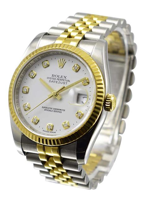 116233 Used White Diamond Rolex Datejust 36mm 2 Tone SS YG With Jubilee