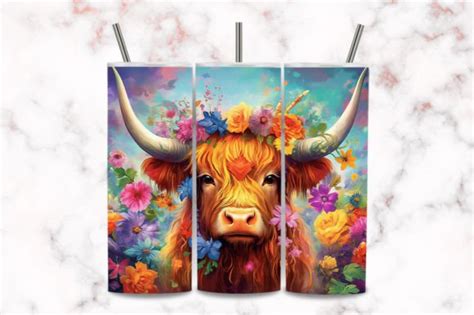 Highland Cow Floral Tumbler Wrap Png Graphic By SparkyDesignsUS